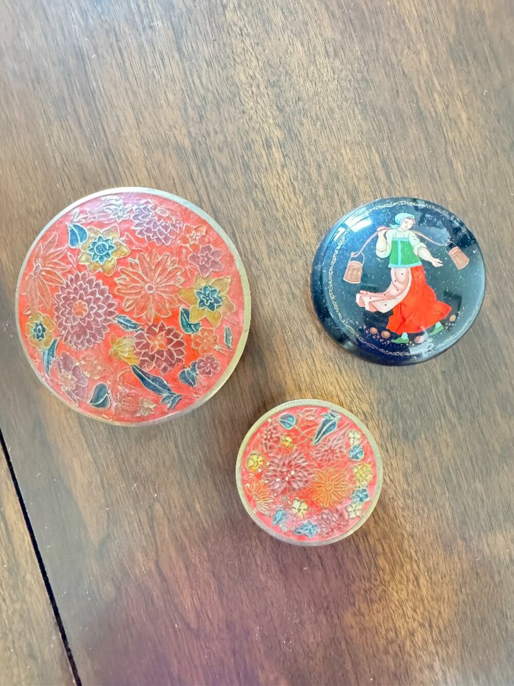 Vintage Set of 3 Round Trinket Pill Boxes - Floral Cloisonné-Style Russian Folk